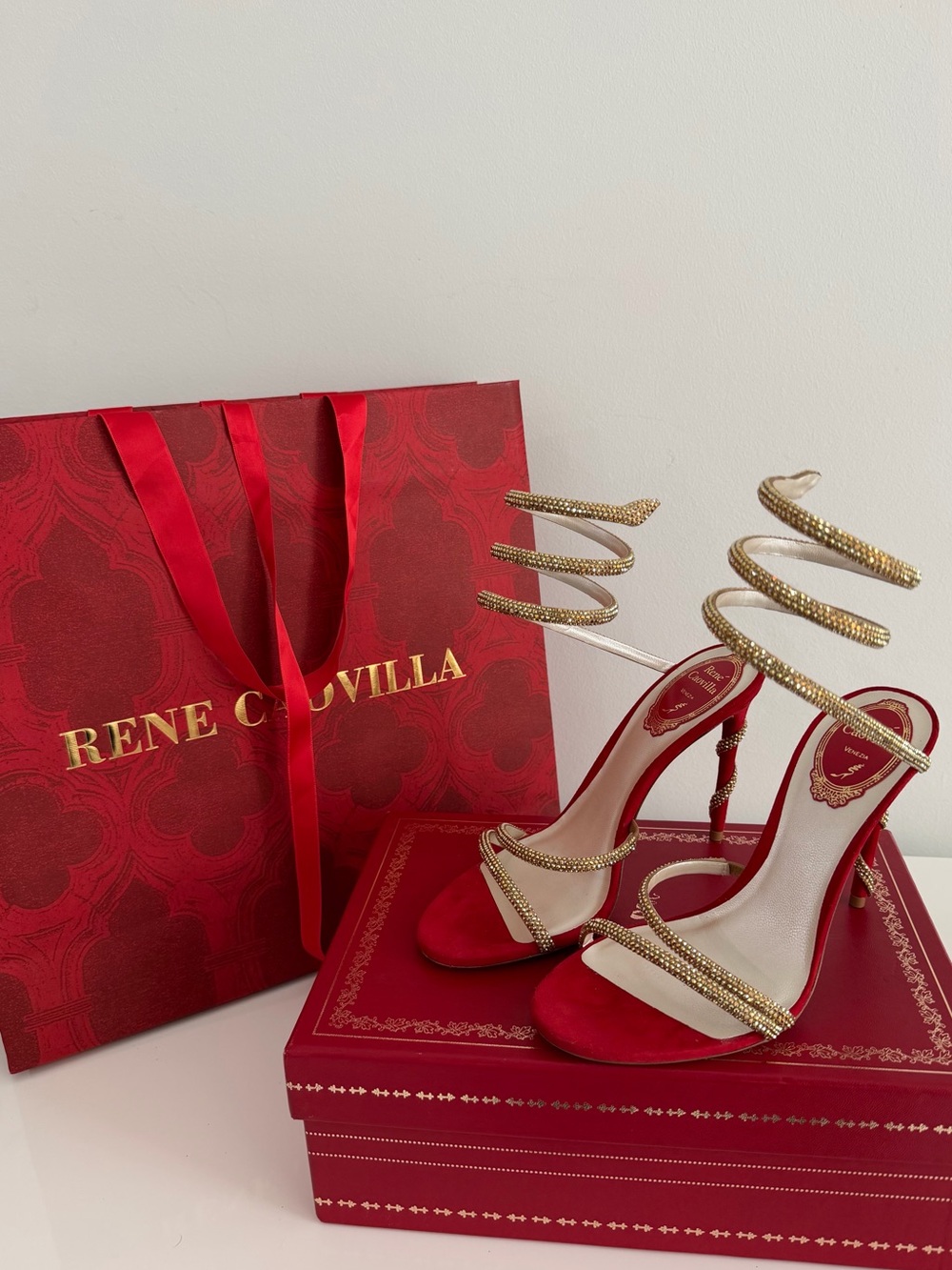 Rene Caovilla Red Suede Heels with Gold Crystal Spiral Straps - Picture 5 of 6